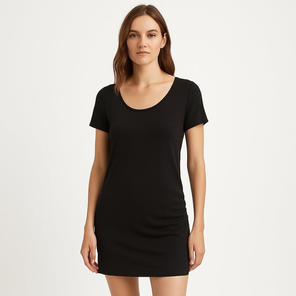 Ragdoll LA Ribbed Ruched Tee Dress Tunic Top Black Oversized Minimalist Stretch